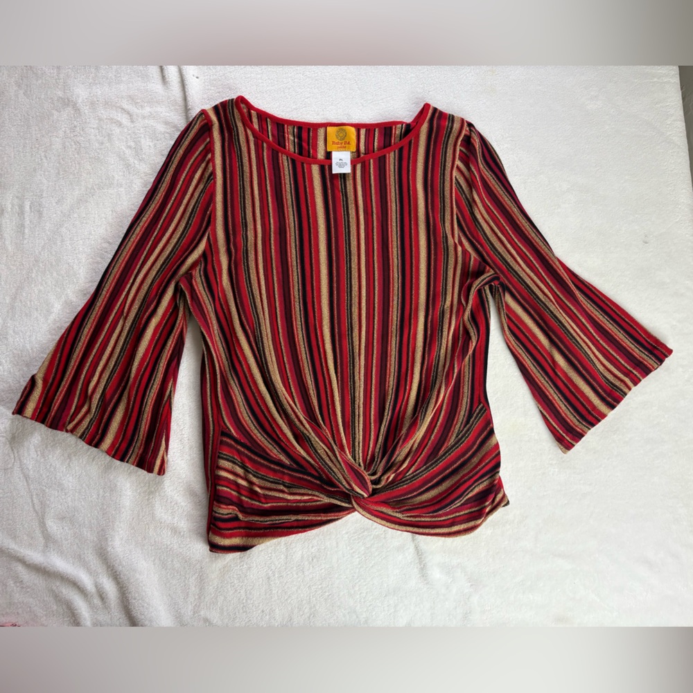 Ruby Rd. Red and Orange Bell Sleeve Tie Front Blouse